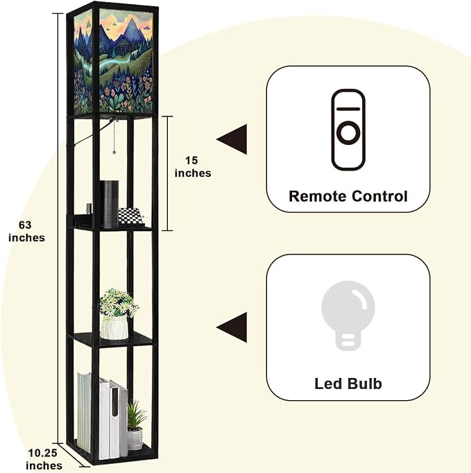 Floor Lamp with Shelves Luxuriant Forest Floral Patterns Artful Woodcut Print Standing Tall Lamp USB Ports & Power Outlet Modern Corner Lamp Nightstand Light for Living Room Bedroom