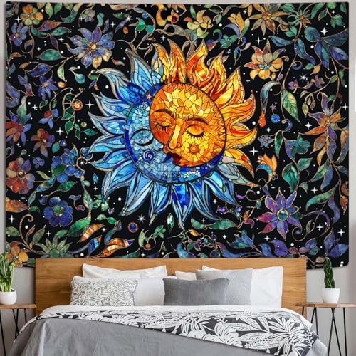 Accnicc Sun and Moon Tapestry Boho Hippie Floral Wall Tapestry for Bedroom Aesthetic Vintage Stained Glass Celestial Plant Small Tapestries Wall Hanging for Living Room Dorm 60 x 44 Inch