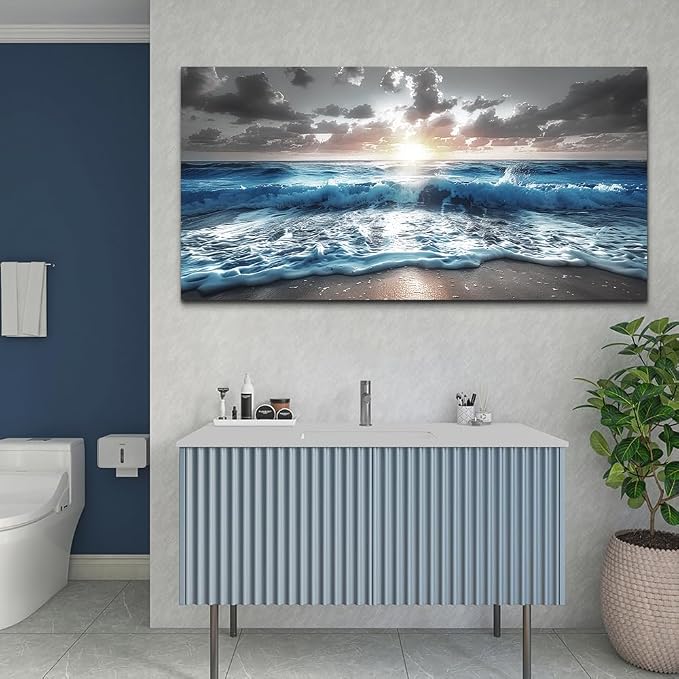 hyidecorart Blue Sea Waves Wall Pictures Framed Wall Art For Living Room Canvas Wall Decor For Office Sunshine Beach Painting Bedroom Home Decorations Prints Posters Mural Artwork Ready To Hang