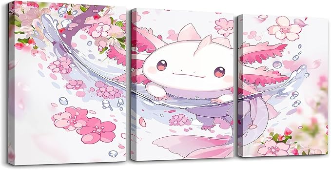 Feelyou Boys Girls Cute Axolotl Wall Painting Posters and Prints Ocean Sealife Picture Wall Decor Kawaii Canvas Wall Art for Bedroom Kids Cartoon Salamander Teens Wall Art Room Decor 12"x16"x 3Pcs