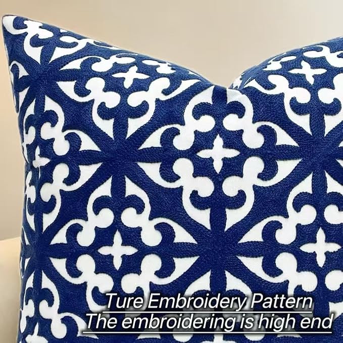 Slow Cow Canvas Embroidery Decorative Throw Pillow Cover Navy Blue Cushion Cover for Living Room 18 x18 Inches