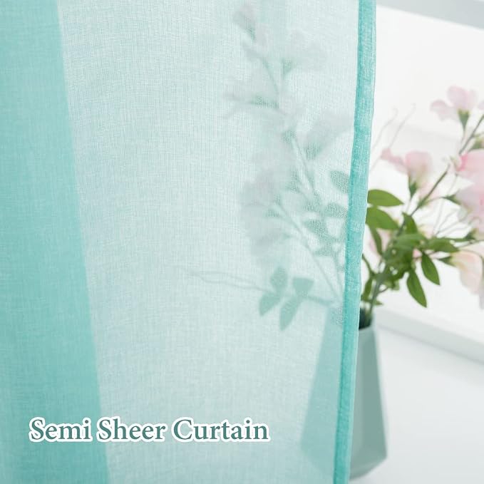 MIULEE Sheer Curtains 24 inch Length Kitchen Window Curtains Over Sink, Rod Pocket Short Small Cafe Curtains Linen Textured Light Filtering Half Window Curtains 2 Panels, Turquoise Aqua Blue