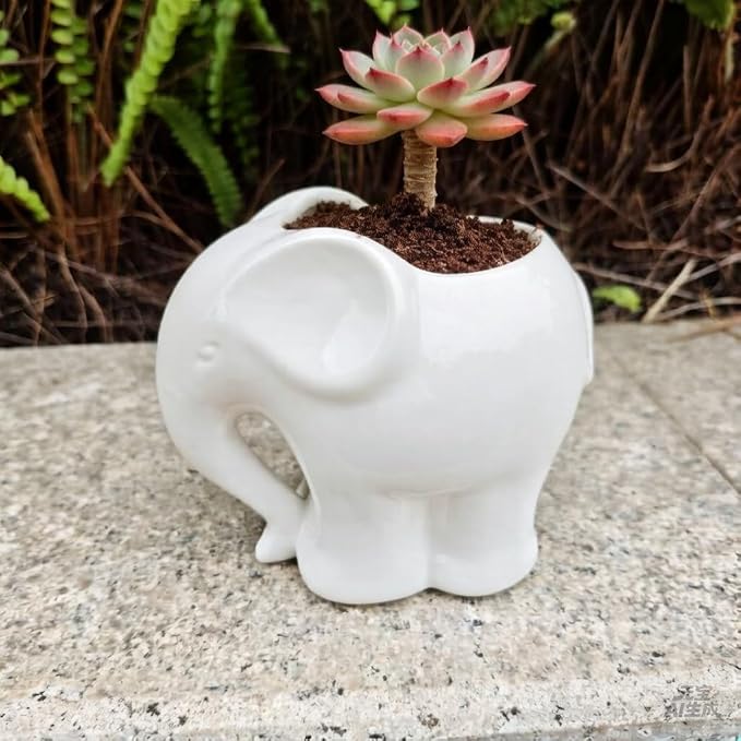 Cute Animal Elephant Shaped Ceramic Succulent Cactus Air Plant Flower Pots Planters-Plant Not Include (4" White)