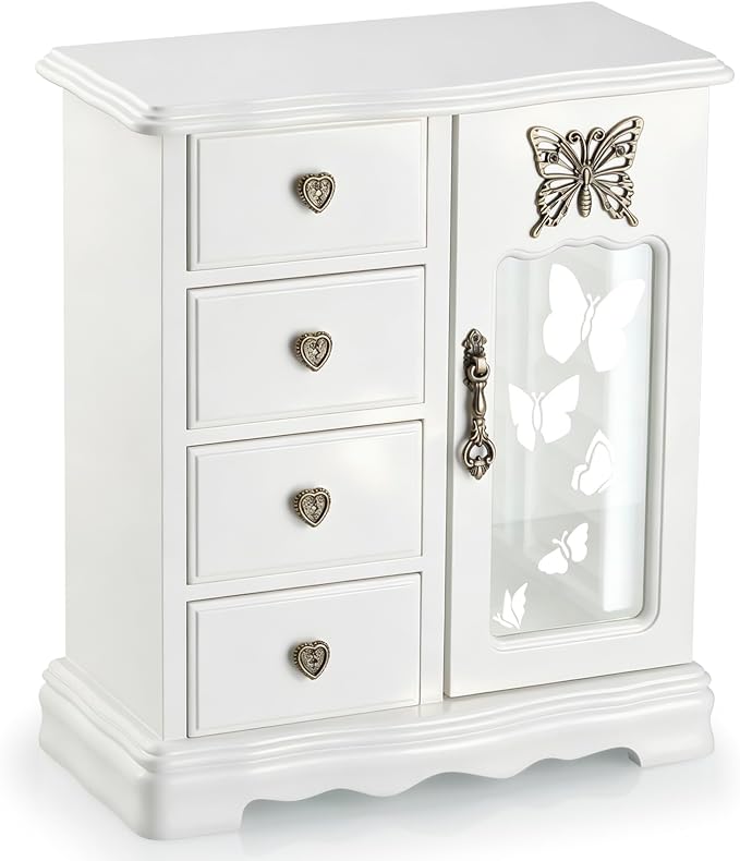 RR ROUND RICH DESIGN Solid Wood Jewelry Box for Women White | Vintage Butterfly Glass Door Jewelry Armoire with Mirror, 4 Drawers & Rotating Necklace Carousel