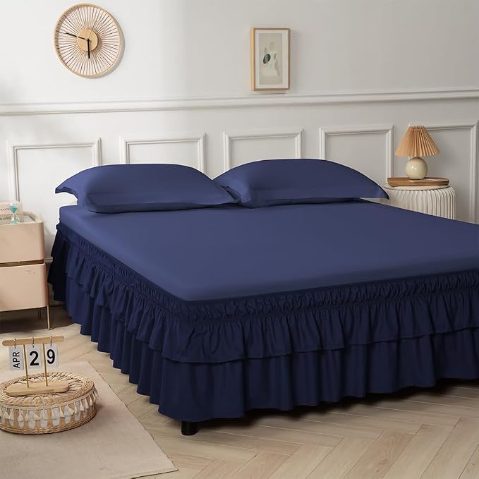 Double-Layered Ruffled Bed Skirt,Navy,Twin/Twin XL, 14" Drop | Wrap Around, Adjustable Elastic, 2 Layer, Machine Washable Soft Fabric, Multi Ruffle Bedskirt