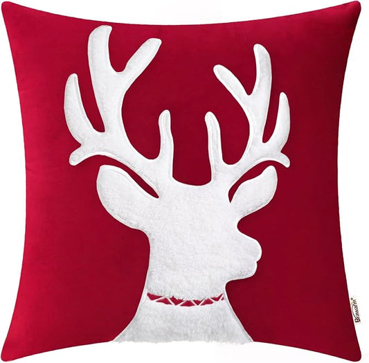 BRAWARM Christmas Pillow Cover 18 X 18 Inches, Christmas Red Reindeer Embroidered Pillow Cover, Soft Velvet Decorative Throw Pillow for Couch Bed Sofa Living Room Home