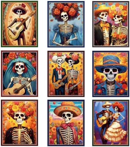 Adduster Day of The Dead Poster - 9 Piece Day of the Dead Decorations | Sugar Skull Wall Art Sugar Skull Art Print for Mexico Day Day of the Dead Halloween Wall Decor Living Room Decor