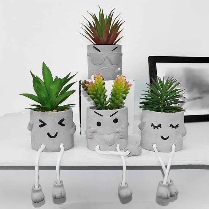 MAKHOT Artificial Succulents Potted Plant Set, Faux Succulents Office Decorations for Work Desk, Fake Plant Wall Shelf Decor for Gift, Bathroom Small Plants Decoration, Mini Plants Window Sill Decor