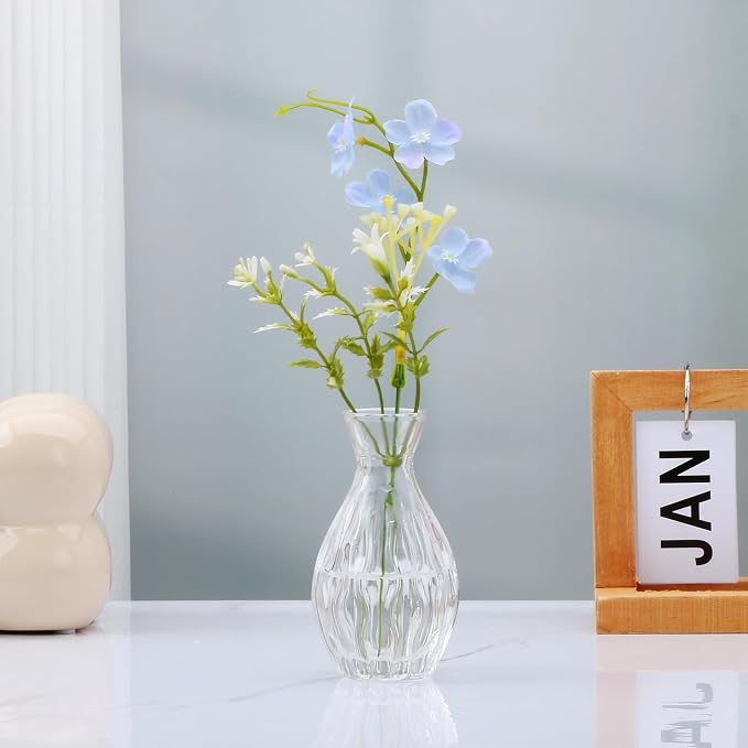 Glass Bud Vases Set of 4, Small Flower Vases for Wedding Centerpiece | Clear Vintage Embossed Mini Vases for Table Decorations, Flower Arrangements in Vases for Party or Home Decor