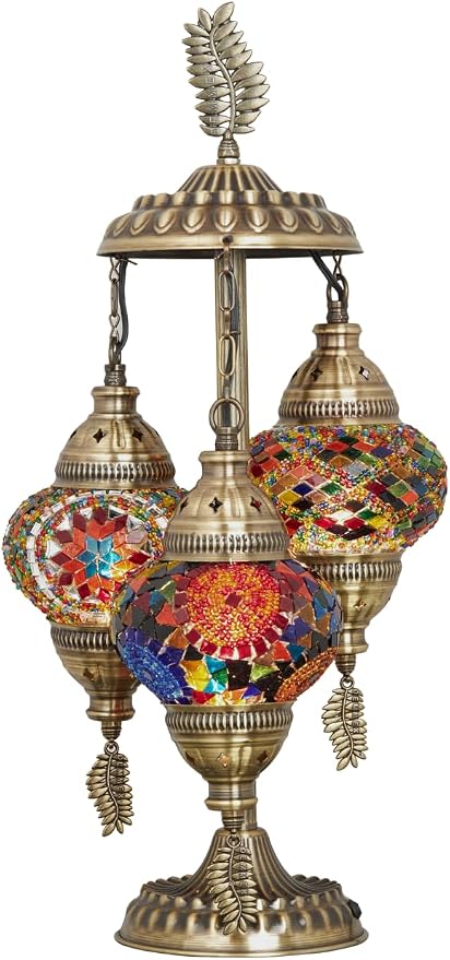 DEMMEX 3-Globe Turkish Moroccan Table Lamp, Tiffany Mosaic Glass Bedside Night Light, Handmade Colorful Mosaic Glass Globes & Antique Brass Finish Base, 21" H, Multicolor