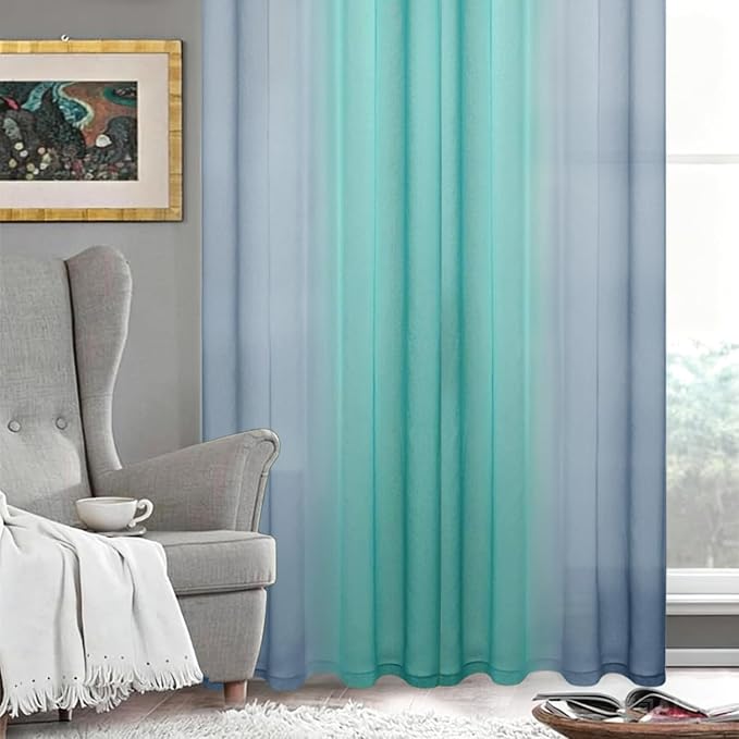 DWCN Ombre Sheer Curtains - Faux Linen Semi Voile Grommet Top Gradient Curtains for Bedroom and Living Room, Set of 2 Window Curtain Panels, 52 x 84 Inch Length（Denim Blue and Teal