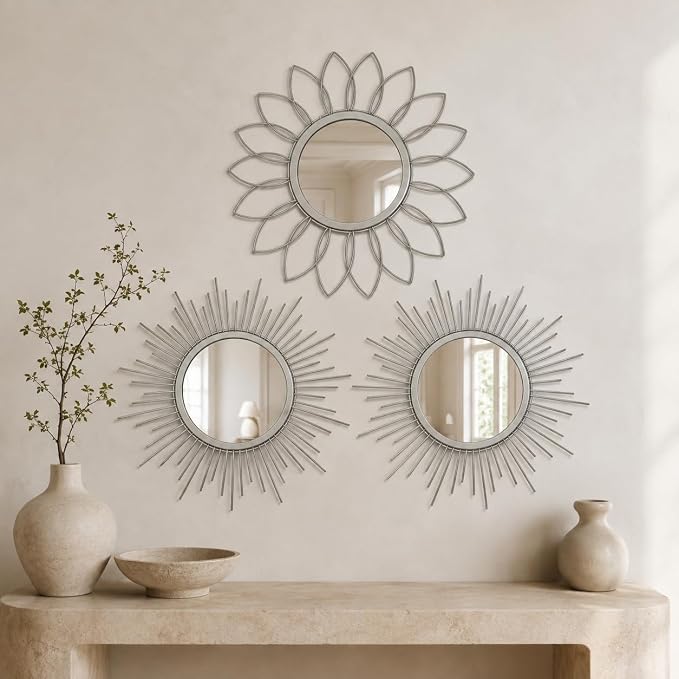 Silver Sunburst Mirror 14x14 Inch, Decorative Wall Accent with Metal Frame, Small Sun Mirror for Living Room, Bedroom, Entryway, Hallway, Boho Modern Home Decor