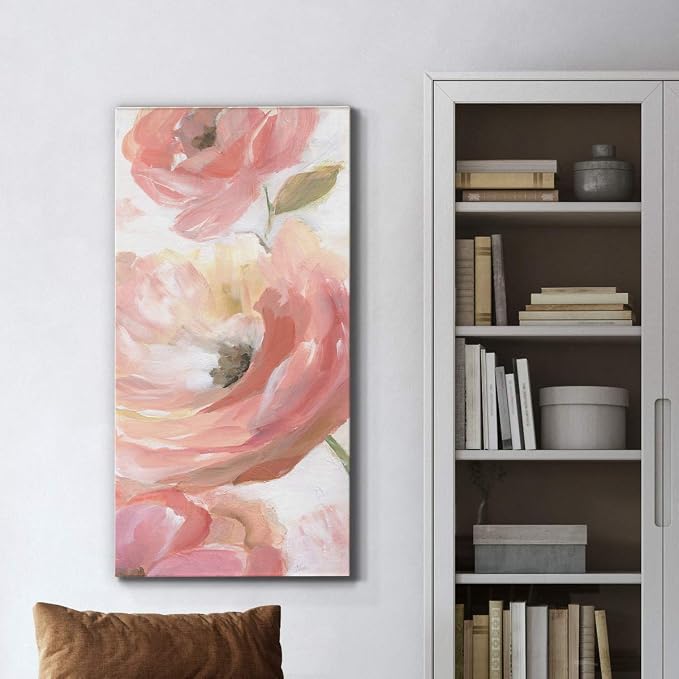 Renditions Gallery Canvas Floral Wall Art Modern Paintings & Prints Decorations Pink Blooming Flowers Glam Vibrant Botanical Wall Hanging Artwork for Bedroom Office Kitchen - 12"x24" LT43