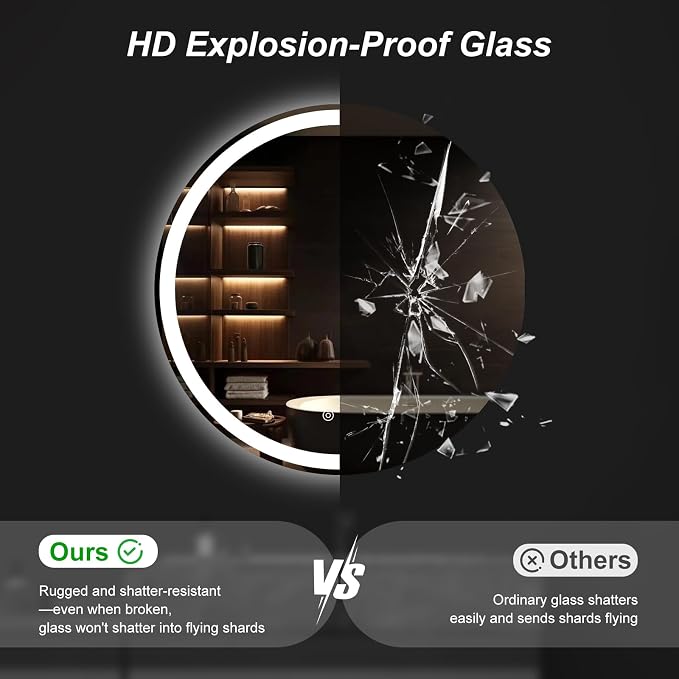 NEWBULIG 28'' Round LED Bathroom Mirror with Lights, Circle Vanity Mirror | Anti-Fog, Dimmable, 3-Color Light, Front Light and Backlit, Memory Function, Tempered Glass