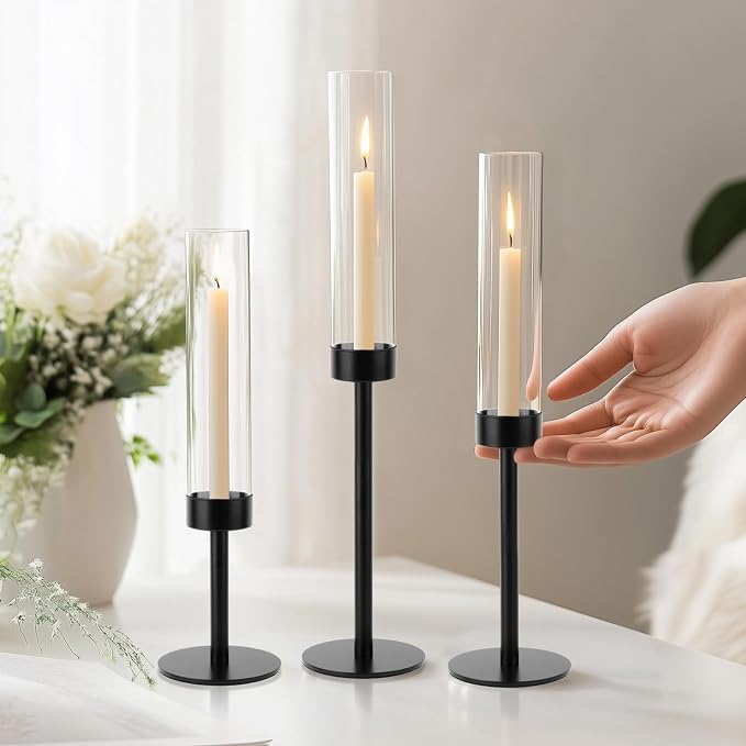 Black Hurricane Candle Holders, Set of 6 Glass Taper Candlestick Holders Metal Candle Stands Bulk with Glass Cover for Dining Tables Wedding Candelabra Centerpieces Decor