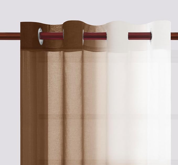 DWCN Ombre Sheer Curtains - 84 inches Faux Linen Semi Voile Gradient Light-Filtering Bedroom and Living Room Curtains, Set of 2 Grommet Top Window Drape Panels, 52 x 84 Inch Length, Warm Brown