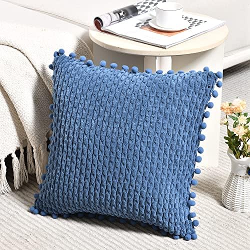 Fancy Homi Set of 2 Dusty Blue Decorative Throw Pillow Covers 22x22 Inch with Pom-poms for Couch Bed Sofa, Modern Farmhouse Boho Home Decor, Soft Plush Corduroy Cute Cushion Case 55x55 cm