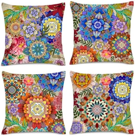 Boho Floral Throw Pillows Covers 18x18 in Colorful Flower Set of 4