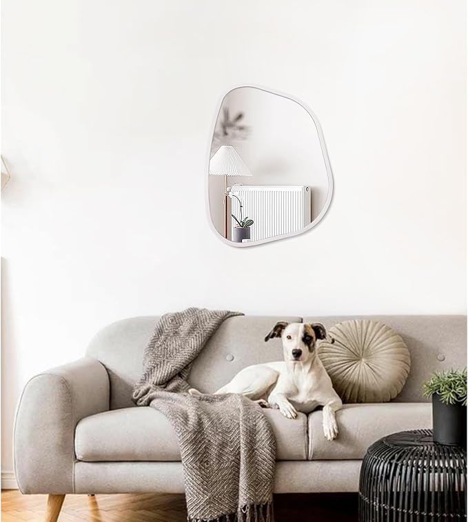 Asymmetrical Mirror Irregular Oval Wall Mirror Modern Wood Frame Unique Shape Wall Mounted Vanity Artistic Mirror Decorative for Living Room Bedroom Bathroom Entryway 16"x12"