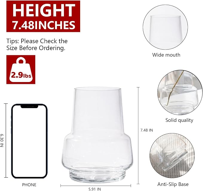 Relexome Clear Glass Flower Vase for Centerpieces Bouquet Flowers Modern Wide Mouth Glass Vase Decorative Bud Vases for Home Decor, Living Room, Kitchen, Dining Table, Entryway 7.3 Inch