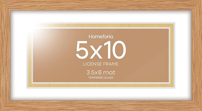 Homeforia 5x10 Natural Oak License Frame, High-End Wood, 3.5x8 Mat, Glass