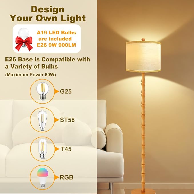 Vinaco Wood Floor Lamp, 3 Color Temperatures Dimmable Rotary Switch