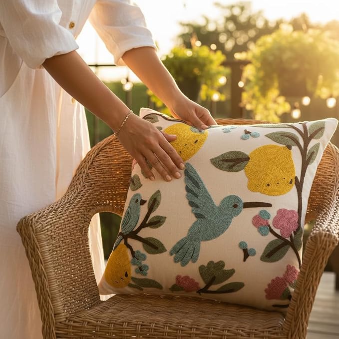 Lemon Embroidered Throw Pillow Covers 18x18 Pack of 2 Blue Birds with Green Leaves Pillow Covers Floral Pillowcases Boho Pillow Cushion Cases Flower Pillow Case Summer Decor