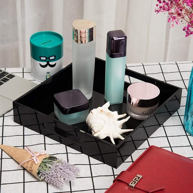KEVLANG Glossy Black Sturdy Acrylic Serving Tray with Handles-10x10Inch-Serving Coffee,Food,Breakfast,Butler-Kitchen Countertop Tray-Makeup Drawer Organizer-Vanity Table,Ottoman Tray-Decorative Tray