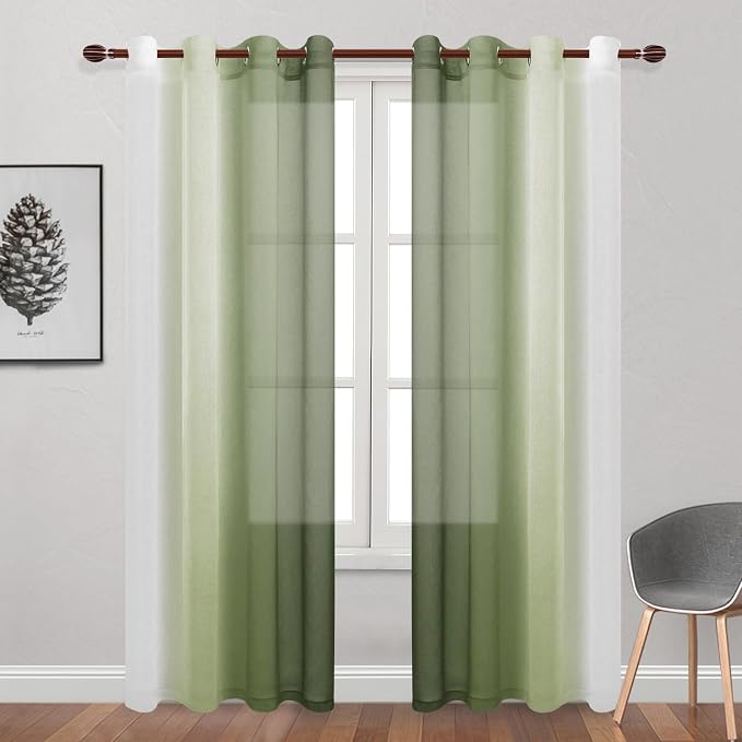 DWCN Ombre Sheer Curtains - Extra Long Faux Linen Semi Voile Grommet Top Gradient Curtains for Bedroom and Living Room, Set of 2 Window Curtain Panels, 52 x 96 Inch Length, Light Olive Green
