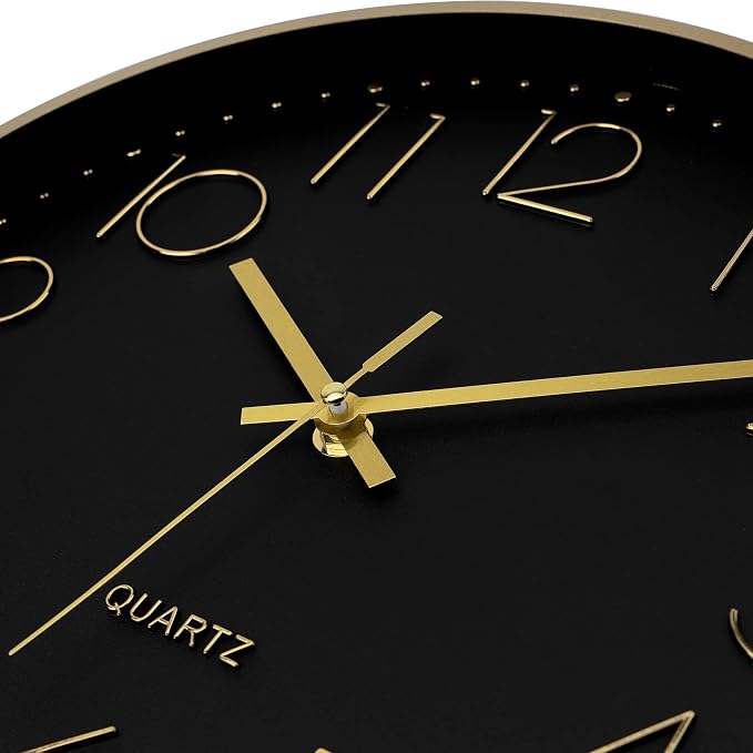 Foxtop 12" Black Gold Wall Clock Silent Battery Operated Modern Metal Clock | Non-Ticking, Round, Analog Clock, Quartz, Easy to Read, Living Room, Bedroom, Kitchen, Office