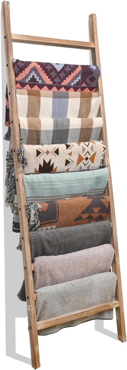 FUIN Blanket Ladder, 24 in Wide 11-Rung Wood Rustic Decor Rack | 11 rungs and 24in wide, Solid wood visible grain, Angled lean-to design, Anti-slip support, Living room and bathroom use
