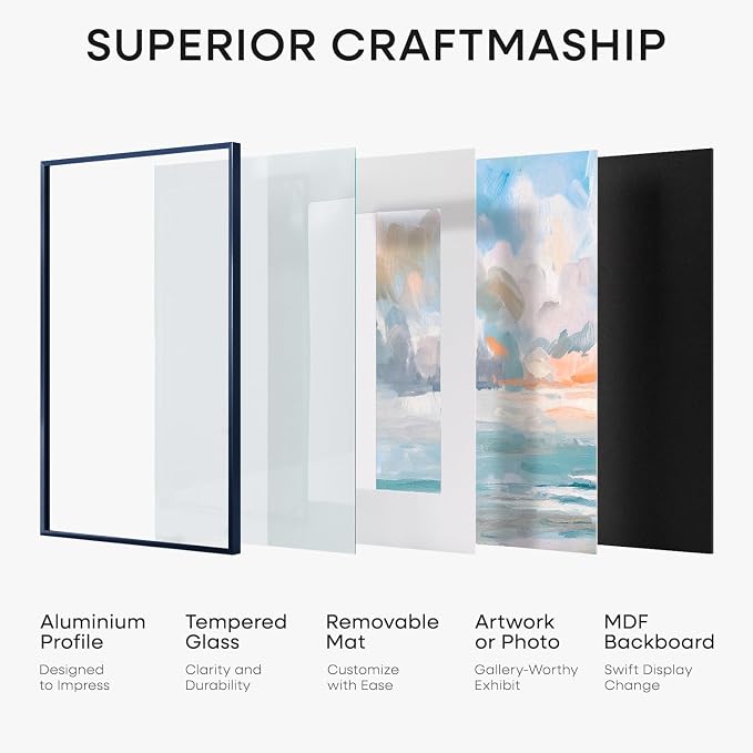 Homeforia 12x17 Blue Picture Frame, High-End Metal, 10x15 Mat, Glass