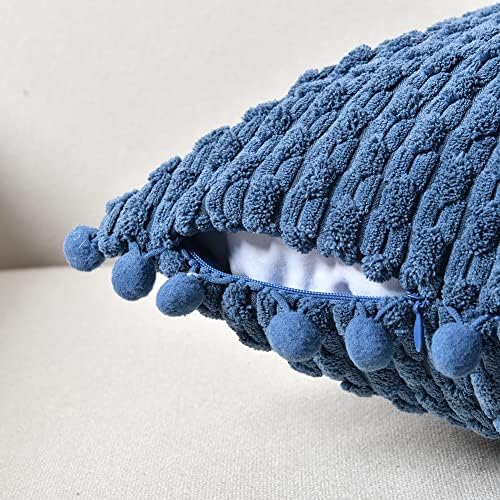 Fancy Homi Set of 2 Dusty Blue Decorative Throw Pillow Covers 22x22 Inch with Pom-poms for Couch Bed Sofa, Modern Farmhouse Boho Home Decor, Soft Plush Corduroy Cute Cushion Case 55x55 cm