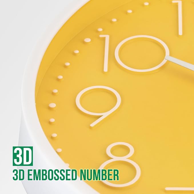Wall Clock Non-Ticking Silent Modern Simple Style Round Decor Clock Stereoscopic Dial Quartz Wall Clocks for Home/Office/School/Living Room/Bedroom/Kitchen (Yellow, 12inch)