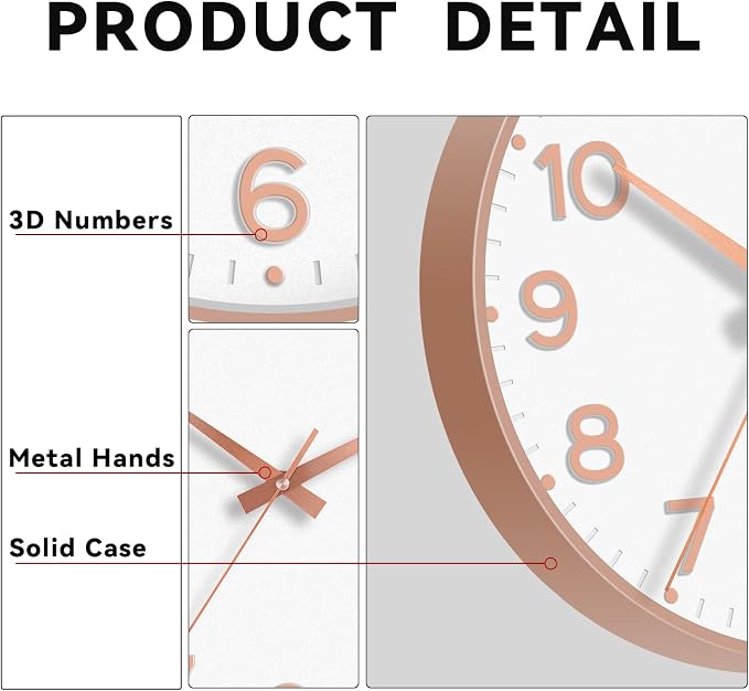 Roymnie 10 Inch Wall Clock Battery Operated Silent Non Ticking Analog | White Rose Gold modern analog; large 3D easy-read dial for kitchen, office, bathroom & bedroom; 1 AA battery (not included)