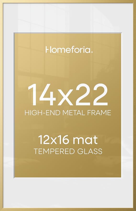 Homeforia 14x22 Gold Picture Frame, High-End Metal, 12x16 Mat, Glass