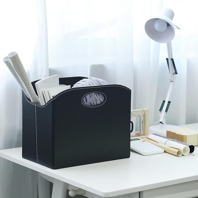 EZDeco Magazine Holder Foldable Magazine Rack Floor PU Leather File Holder Newspaper Book Storage Magazine Basket Document File Folder Organizer for Office Home (Black-2)