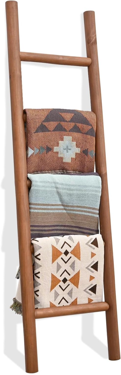 FUIN Blanket Ladder, 57in Rustic Wood Decor Rack, Fully Assembled, DK.Brown | Farmhouse living room accent, Layered blanket towel quilt display, Visible wood grain, Bathroom and Bedroom use