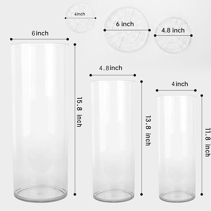 3 Large Clear Acrylic Plastic Cylinder Flower Vase | For Centerpieces