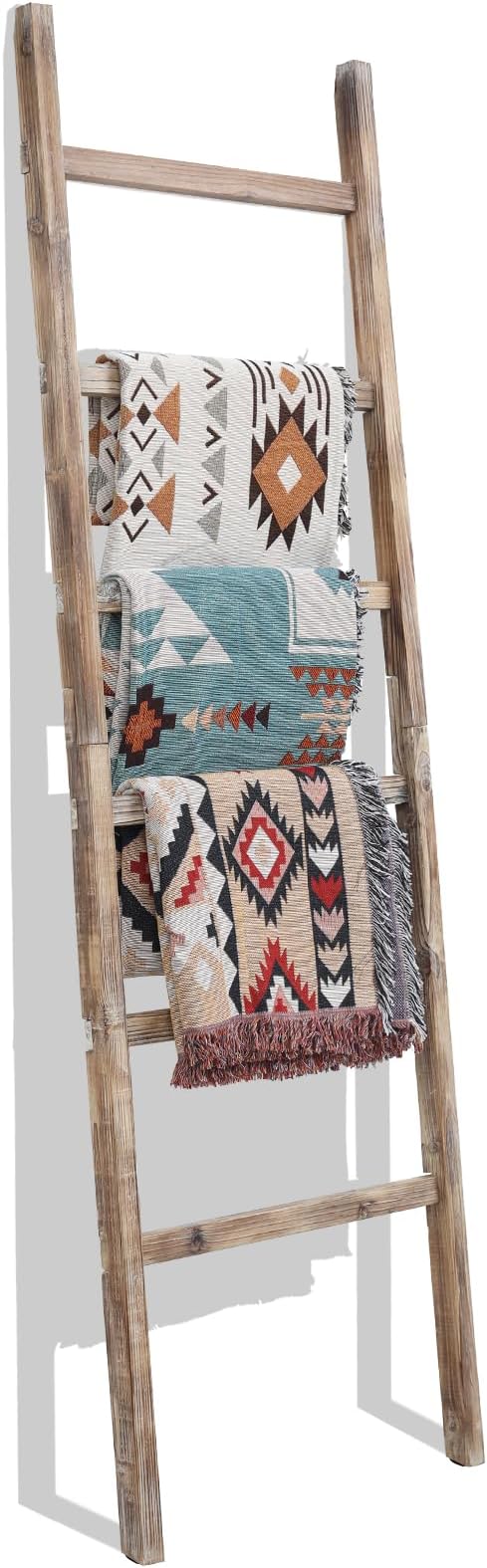 FUIN Blanket Ladder, 24in Wide Rustic Solid Wood Decor Rack, Burnt Brown | 6.4 ft high and 6 rungs, farmhouse quilt display holder, organize towel and scarf, leaning wall, bathroom and living room use
