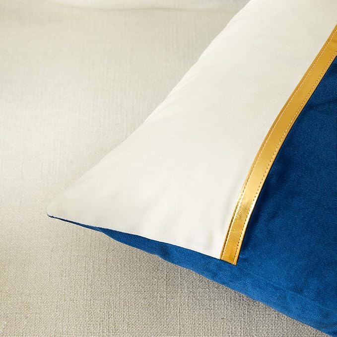 Fancy Homi 2 Packs Decorative Throw Pillow Covers 20x20 Inch for Living Room Couch Bed, Navy Blue and White Velvet Patchwork with Gold Leather, Luxury Modern Home Decor, Accent Cushion Case 50x50 cm