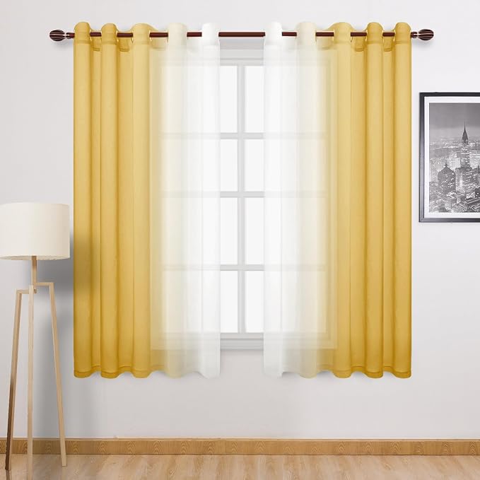 DWCN Ombre Sheer Curtains - 63 inches Faux Linen Semi Voile Gradient Light-Filtering Bedroom and Living Room Curtains, Set of 2 Grommet Top Window Drape Panels, 60 x 63 Inch Length, Mustard Yellow