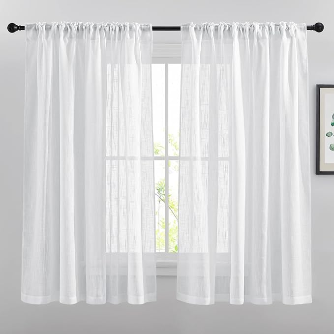 NICETOWN White Sheer Linen Curtains Natural Style, Rod Pockets & Back Tab Privacy Semi Sheer Window Treatments Vertical Drapes Soft and Elegant for Bedroom/Living Room, W66 x L63, 2 Panels