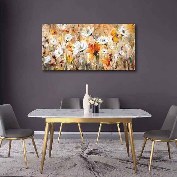 Large Flowers Wall Art White Daisy Canvas Pictures Abstract Orange Yellow Red Floral Wall Decor Elegant Artwork Painting Prints for Living Room Bedroom Kitchen Home Office Decoration Framed 29"x 58"