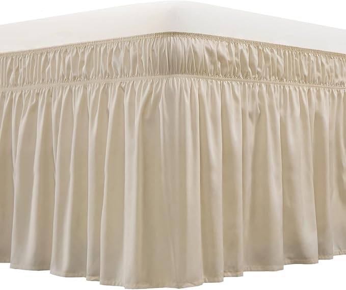 MEILA Wrap Around Elastic Bed Skirt for Queen & King Beds, 12" Drop, Beige | Three-Side Adjustable Elastic Dust Ruffle, Ruffled Polyester Fabric, Easy to Install, Fade Resistant & Machine Washable