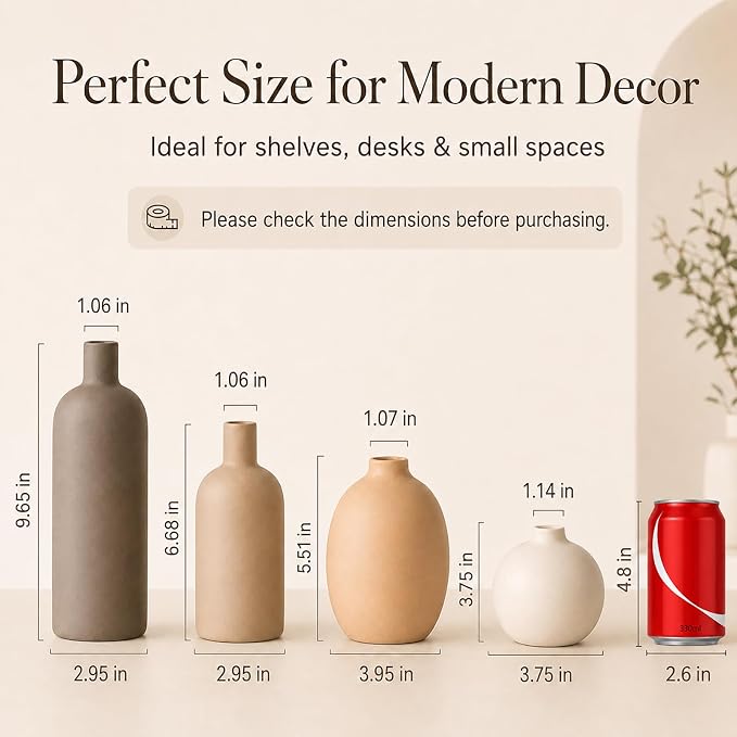Ceramic Vase Set of 4 – Handmade Modern Minimalist Vases for Dried or Fresh Flowers, Matte Decorative Neutral Vases for Living Room, Table, Shelf & Entryway