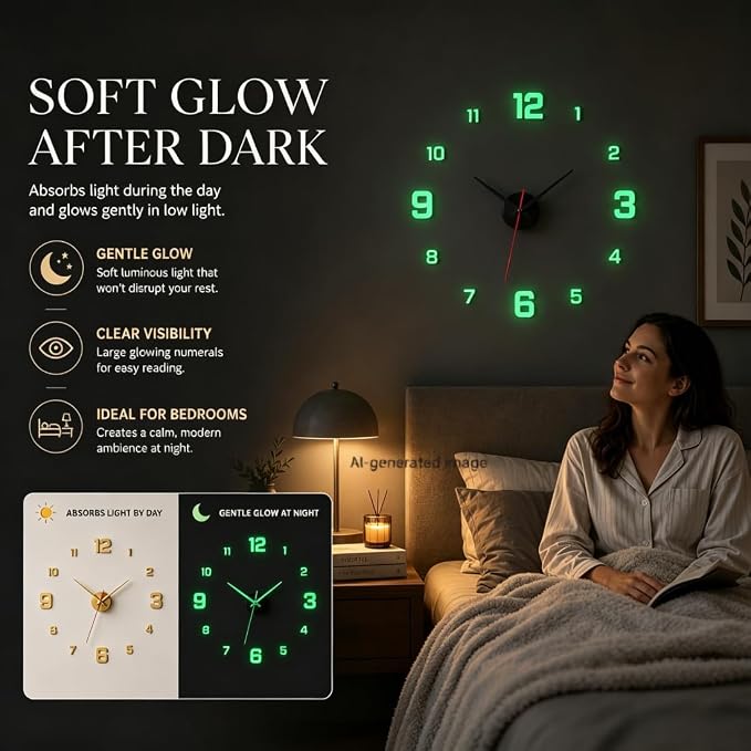3D DIY Luminous Acrylic Wall Clock Set, Minimalist wall Clocks Simple, Drill-Free Minimalist Glow in Dark Digital Clock for Bedroom Living Room Office (Luminous, (50cm-19.6in))
