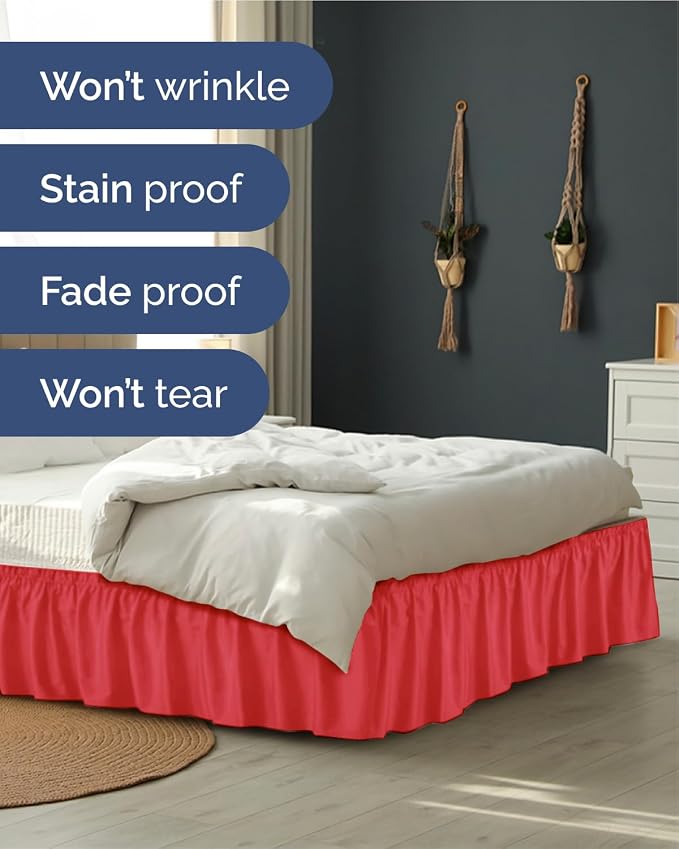 Wrap Around Dust Ruffle Bed Skirt - College Dorm Room - Twin/Twin XL | Red, 18 Inch Drop, Elastic Strap & Adjustable Pleated Bedskirt, Wrinkle & Fade Free, for Women, Men, Students, Kids & Teens
