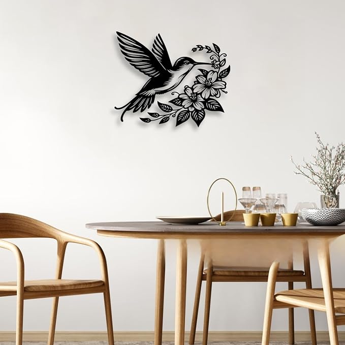 LIYOUYA Hummingbird Flower Metal Wall Decor - Rustic Farmhouse Room Decor Black Wall Art Home Decor for Living Room, Dining Room, Courtyard (Black)