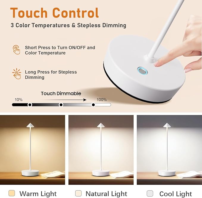 Set of 2 Cordless Rechargeable Led Table Lamp Battery Operated Light White